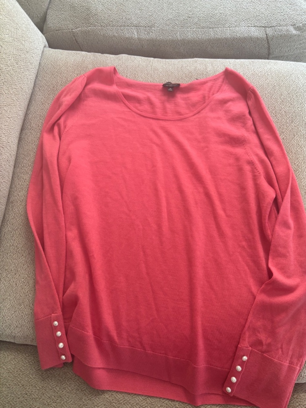 TALBOTS Coral Pink Merino Wool Sweater, XL - Faux Pearl Cuff, Chic! - Picture 3 of 5